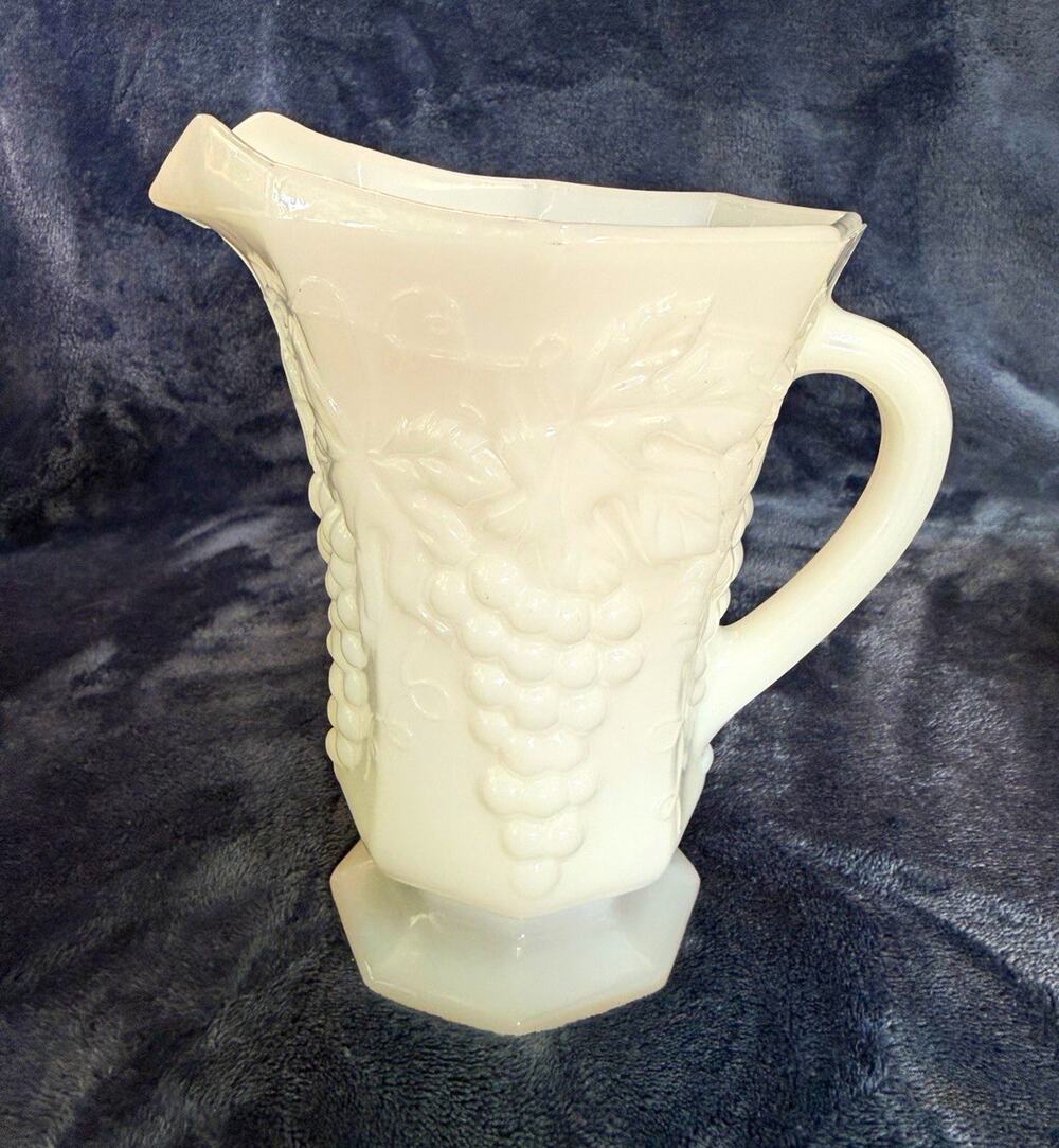 Vintage Anchor Hocking Style Milk Glass Grape Leaf Footed Pitcher 7”